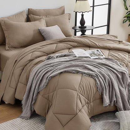 HEVUMYI Khaki Cali-King Comforter Set - 7-Piece All Season Bed in a Bag Cali-King, Ultra Soft Bedding Set with Comforter, Flat Sheet, Fitted Sheet, Pillowcases, Pillow Shams