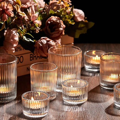 Mumufy 24 Pcs Assorted Votive Candle Holders Ribbed Glass Tealight Candle Holder Bulk for Table Centerpiece, Baby Shower, Home and Wedding Party Decoration (Clear)