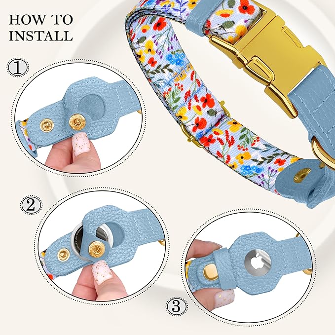 AirTag Dog Collar for Small Medium Large Breed - Adjustable Cute Pattern Dog Collar with Airtag Holder - Soft Leather Tracker GPS Apple Air Tag Pet Collars (Medium, 14"-18" Neck Fit, Floral)-Mewly Pet