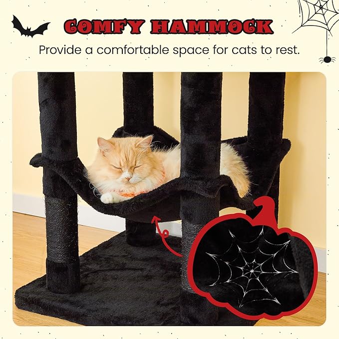 MWPO Gothic Cat Tree for Indoor Cats, 63.8 Inches Multi-Level Cat Tower with Sisal-Covered Scratching Posts, Padded Platform, Hammock, Dangling Toys, Stable Cat Condo Pet Play House, Black-Mewly Pet