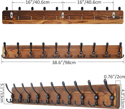 SKOLOO Rustic Large Wall Mounted Coat Rack-38.6'' Long Coat Rack for Wall, Pine Solid Wood Coat Rack Hook, Farmhouse Coat Hanger Wall Mount for Hanging Jacket Coat Hat, Pack of 2