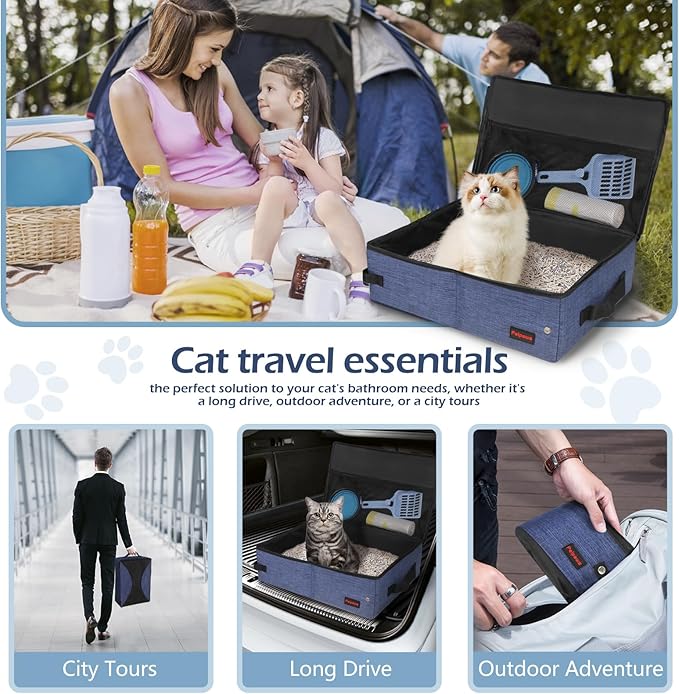 Portable Cat Travel Litter Box. Zipped Lid, Collapsible Litter Box for Cats. No Leakage, No Smell. Easy to Carry. Used for Hotels, Camping, Car (Blue,L)-Mewly Pet
