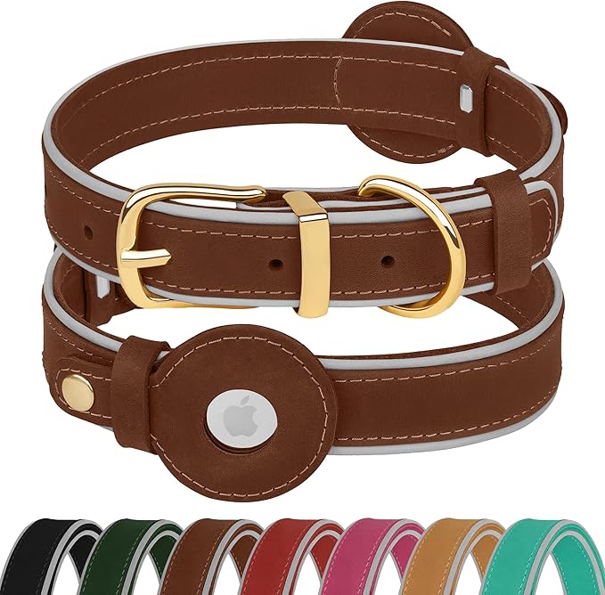 OOPSDOGGY Reflective Geniune Leather Airtag Dog Collar Soft Padded Collars for Small Medium Large Breed Dogs Puppy, 4 Sizes, 7 Colors (Brown, Small, 9"-12")-Mewly Pet