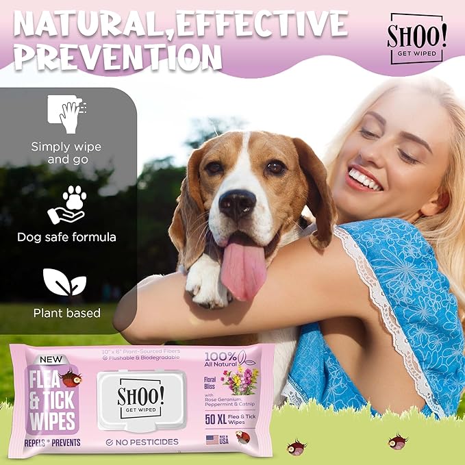 Shoo! Flea & Tick Wipes for Dogs | Convenient, Easy On-The-Go Protection | Plant Based, Natural Oils, Chemical Free | Repels & Prevents | 50 XL Wipes | (Floral Bliss)-Mewly Pet
