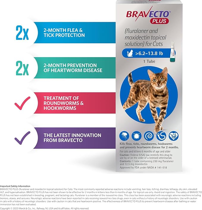 BRAVECTO PLUS Topical Solution for Cats, Flea, Tick & Heartworm, 2 Months Supply, 13.8-27.5 lbs., Purple Box-Mewly Pet