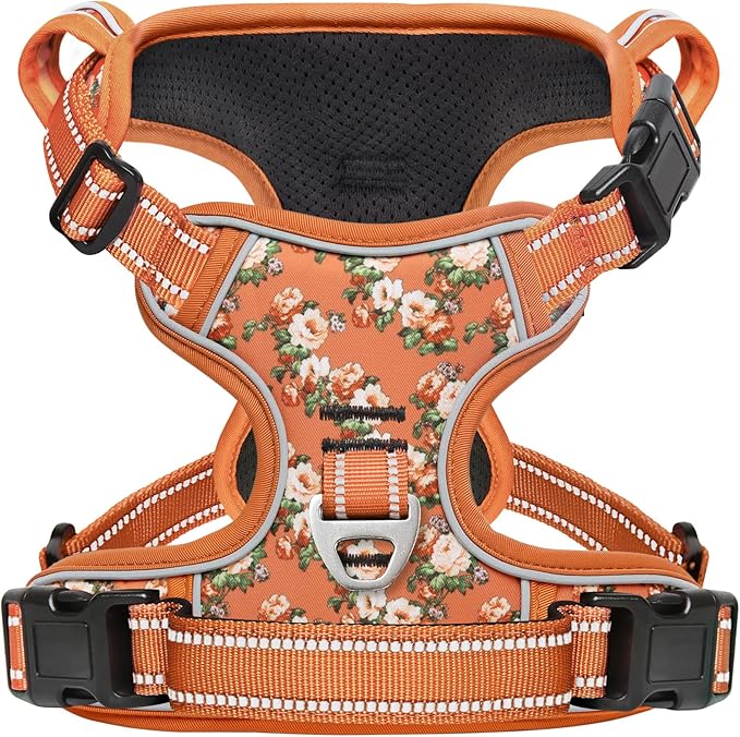 Timos Dog Harness for Large Dogs, No Pull Service Vest with Reflective Strips and Control Handle,No Choke Dog Harness with 2 Metal Rings for Easy Walking,Outdoor Training,Flower Orange, L-Mewly Pet