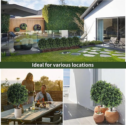 27.2" Artificial Boxwood Topiary Set of 2 with Spike, Fake Plants Boxwood Balls Greenery Bushes, Uv Resistant Artificial Outdoor Plants Shrubs for Front Porch Decor, Home Faux Plants Indoor