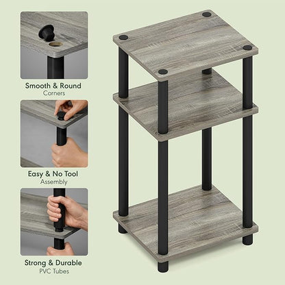 Furinno Just 3-Tier Turn-N-Tube End Table / Side Table / Night Stand / Bedside Table with Plastic Poles, 2-Pack, French Oak Grey/Black
