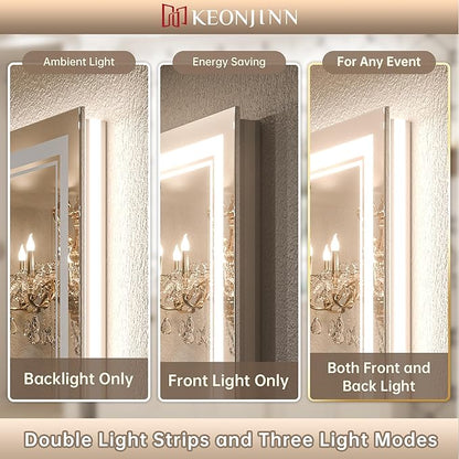 Keonjinn LED Bathroom Mirror 60" x 40" with Frontlit and Backlight, Tempered Glass Stepless 3 Colors Temperature & Dimmable Vanity Mirror, UL Listed LED Driver, Double Lights Anti-Fog Wall Mirror