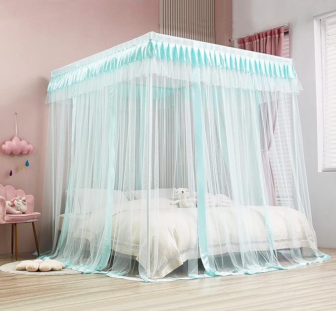 Mengersi 4 Corners Canopy Bed Curtains for Girls Kids Adults - Bed Drapes - 4 Opening Mosquito Net - Cute Princess Bedroom Decoration (Queen, Sky Blue)