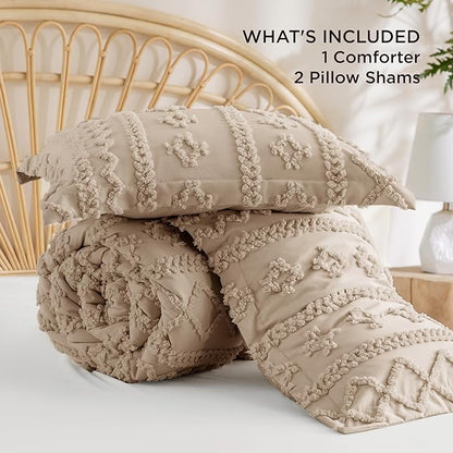 Bedsure Tufted Boho Comforter Set Queen Size - Khaki Boho Bed Set, GentleSoft™ 3 Pieces Farmhouse Shabby Chic Embroidery Bedding, Gifts for Woman, Soft Jacquard Queen Comforter for All Seasons