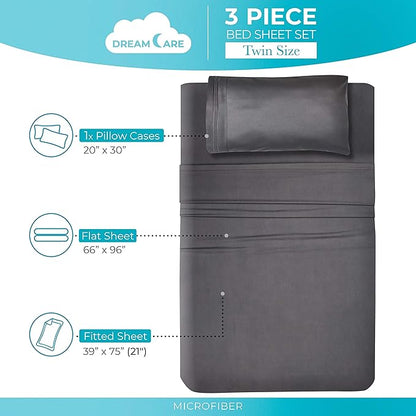DREAMCARE Twin Sheets - 3pcs Cooling Sheets – up to 21” Extra Deep Pocket Twin Bed Sheets - Twin Sheet Set - Bed Sheets Twin - Soft & Long Lasting 100% Fine Brushed Polyester with Side Pocket - Gray