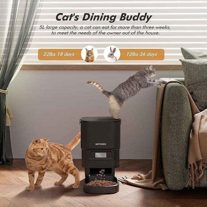 Automatic Cat Feeder - Nityers 4L Timed Cat Dry Food Dispenser, Programmable Portion Size,1-6 Meals Per Day, Dual Power Supply, Detachable Washable, Auto Pet Feeder for Cats and Small Dogs-Mewly Pet