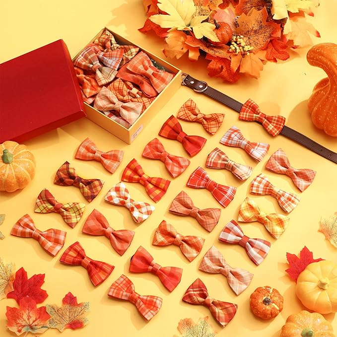Hillban 50 Pcs Fall Collar Dogs Bow Ties Autumn Plaid Dogs Collar Accessories for Pets Bow Ties Attachment with Elastic Bands Detachable Charms for Doggie Fall Autumn Costume-Mewly Pet
