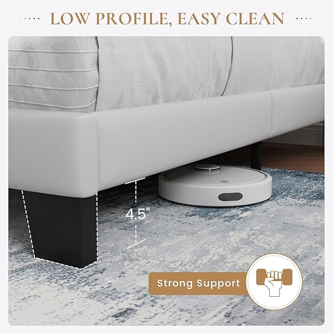 SHA CERLIN King Platform Bed Frame with Velvet Upholstered Headboard, Mattress Foundation with Strong Wooden Slats Support, No Box Spring Needed, White