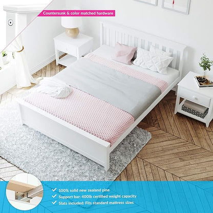 Max & Lily Queen Bed Frame with Slatted Headboard, Solid Wood Platform Bed for Kids, No Box Spring Needed, Easy Assembly, White
