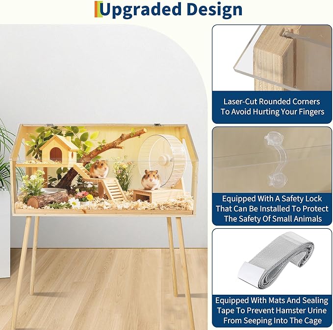 Hamster Cage with Legs, 32" L x 16" W x 40" H Large Hamster Habitats Enclosure with Acrylic Window & Openable Top,Small Animal Cage Chew Proof for Guinea Pig, Chinchilla, Gerbil-Mewly Pet
