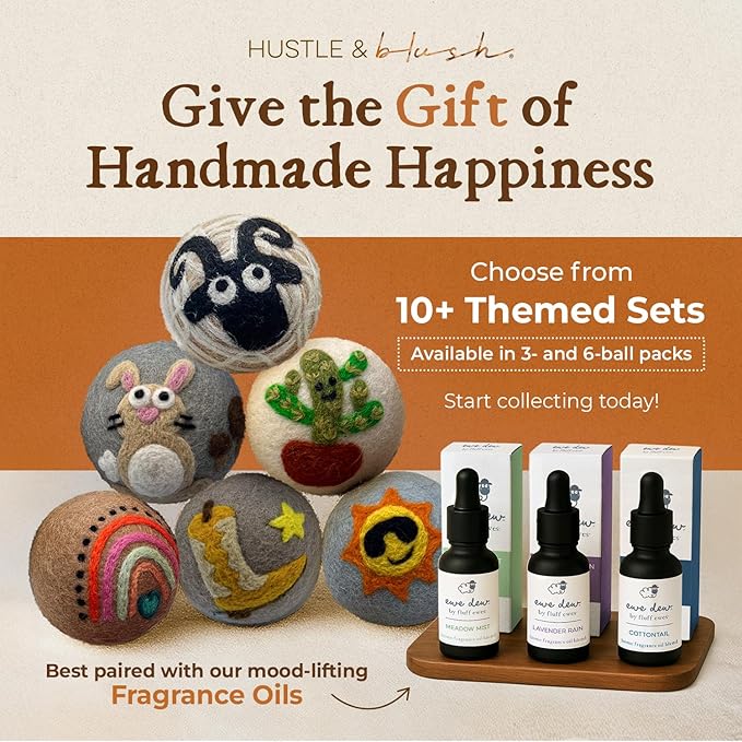 Fluff Ewes Wool Dryer Balls 6 Pack Premium New Zealand Wool Laundry Balls for Dryer, No Static Dryer Balls Laundry Reusable, XL Wool Dryer Balls Cute, Baby Dryer Balls for Dryers - Classic-Mewly Pet