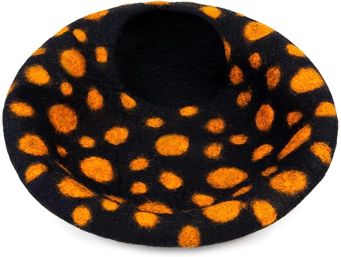 Woolygon Premium Felt Cat Cave Bed - Polka Dot Series - Wool Kitty Beds Handcrafted Kitten Caves Bed for Indoor Cats - Eco-Friendly Merino Wool, Foldable Cat Hideaway Cat Houses (Yellow/Black Dots)-Mewly Pet