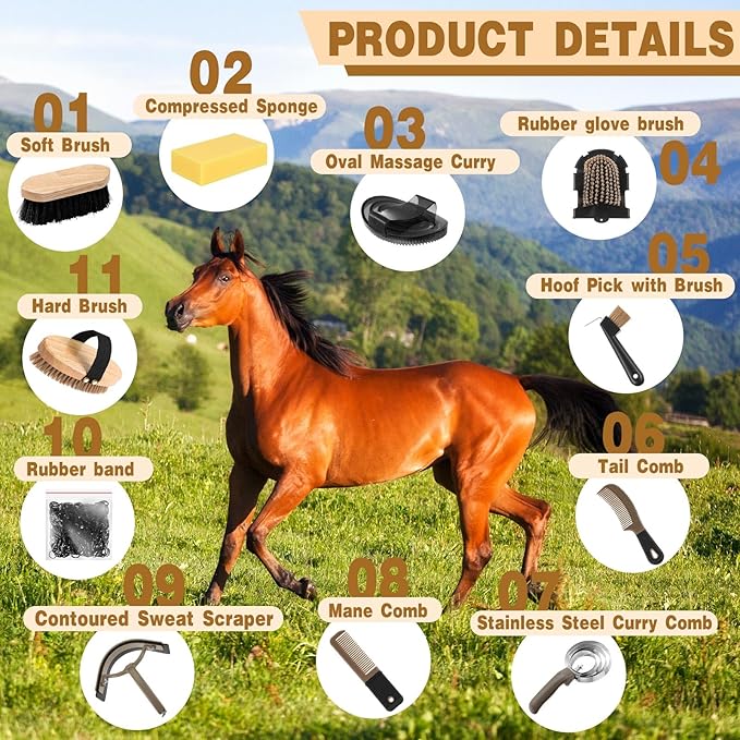 Abbylike 12 Pieces Horse Grooming Kit with Organizer Tote Bag Tack Room Supplies Horse Brush Sets Equine Care Cleaning Kit Shedding Grooming Massaging Tools(Khaki)-Mewly Pet