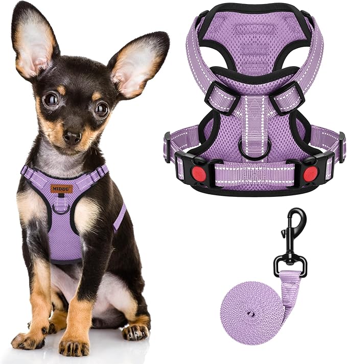 MIDOG No-Pull Dog Harness | Adjustable & Reflective Pet Harness Leash Set for Small Medium Large Dogs Walking, Training| No Choke, Front Clip, Soft Padded Vest with Easy Control Handle - Purple, XS-Mewly Pet