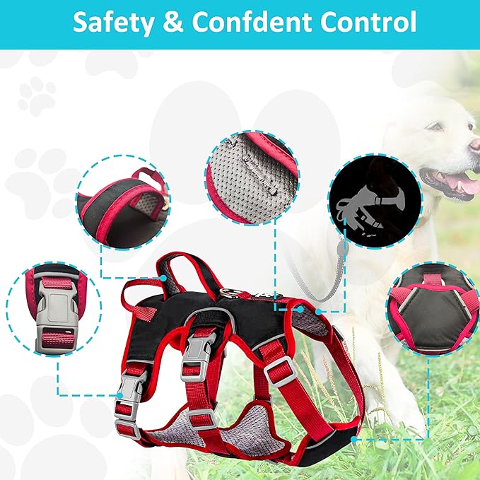 Escape Proof Dog Harness, No Pull Reflective Adjustable Vest with Easy Control Lift Handle, No Choke Soft Padded Breathable Full Body Pet Harness for Walking Hiking and Training (Red, Small)-Mewly Pet