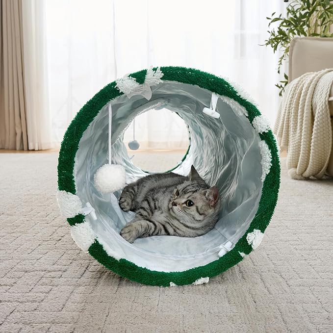 Straight Cat Tunnel for Indoor Cats 47"x12", Cute Cat Toys Collapsible Tunnel Tube with Balls for Puppy Kitten Rabbit, Green Flower-Mewly Pet