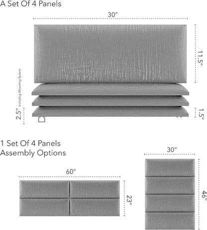 Vänt Upholstered Wall Panels - Queen/Full Size Wall Mounted Headboards - Metallic Silver - Set of 4 Panels (Each Individual Panel 30"x11.5")