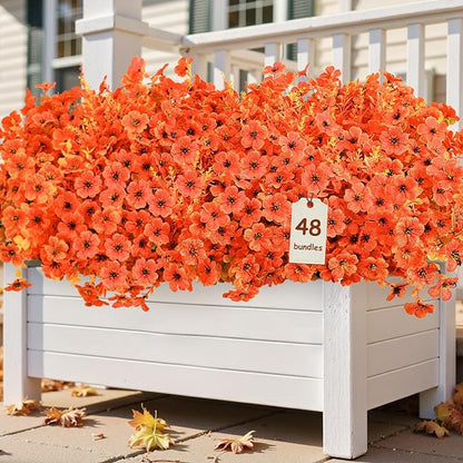 SHareconn 48 Bundles Artificial Fall Flowers for Outdoors Decoration,UV Resistant Silk Eucalyptus Lavender Faux Autumn Fake Plants for Outside Indoor Garden Yard Porch Home Decor,SunsetRedAutumnColour