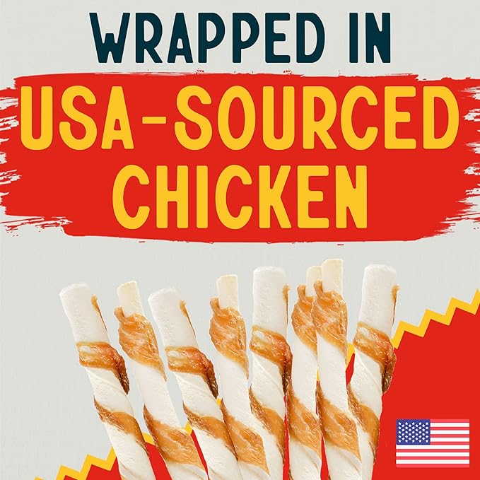Canine Chews Chicken-Wrapped Rawhide Twists for Dogs - Pack of 100 U.S.A. Sourced Chicken Wrapped Rawhide Dog Treats, Sticks for Dogs - Premium & Natural Beefhide Chews-Mewly Pet