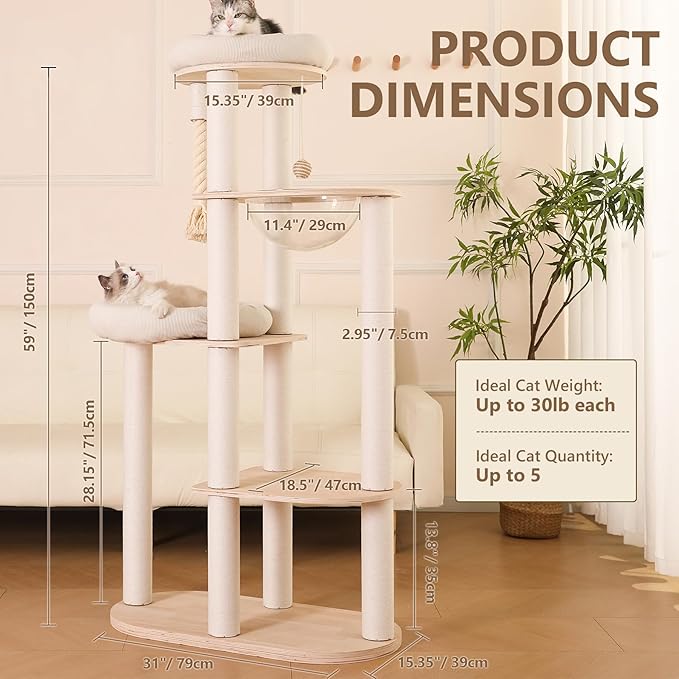 59" Modern Cat Tree Multi-Level Large Cat Tower Heavy Duty Cat Tree with Hammock,Cotton Scratching Post and Washable Cushions-Mewly Pet