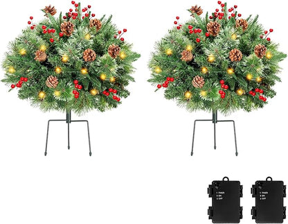 Lewondr Set of 2 Prelit Pathway Christmas Trees, 20.87" Outdoor Christmas Tree with 50 LED Lights, Pine Cones Red Berries, Battery Operated Outdoor Xmas Decor for Yard Home Porch