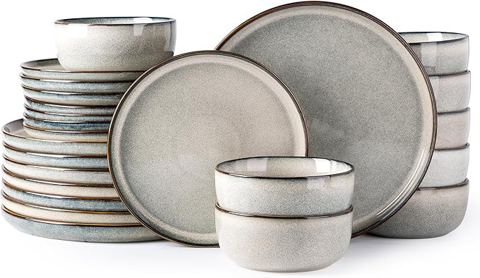GBHOME Ceramic Dinnerware Sets for 8, 24 Pieces Stoneware Plates and Bowls Sets, Scratch Resistant Dishes, Dishwasher & Microwave Safe, Reactive Glaze-Green Wheat-Mewly Pet