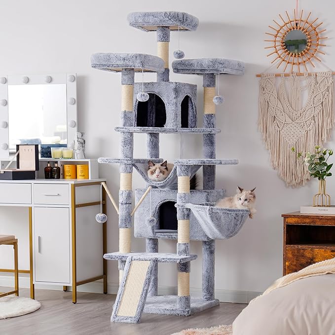 Hey-brother Cat Tree, 71 inches XL Large Cat Tower for Indoor Cats, Multi-Level Cat House with 3 Padded Perches, Big Scratcher, Cozy Basket, 2 Cat Condos and Scratching Posts,Pewter MPJ034PE-Mewly Pet