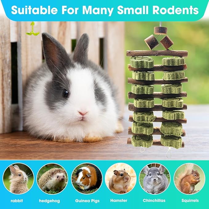 WDEFUN Natural Peach Wood Clover Cake Teeth Grinding Toy String - Rabbit Snack Chewing Toy, Safe and Durable Pet Teeth Grinding Rod, Caring for Dental Health-Mewly Pet