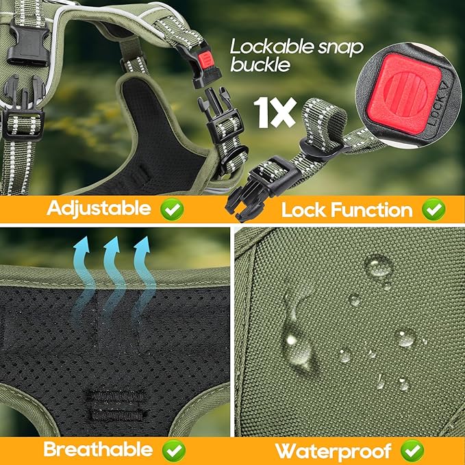 Timos Dog Harness Small Sized, No Pull Pet Harness with Neck Lockable Snap,No Choke Front Clip Dog Reflective Vest,Adjustable Metal Rings 3 Buckles,Easy Control Handle for Small Dogs Green S-Mewly Pet