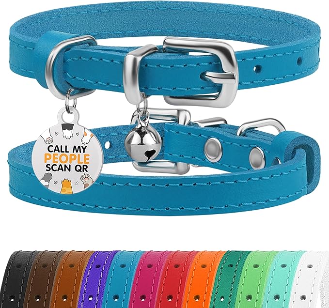 BRONZEDOG Leather Cat Collar with Removable Bells Non Breakaway Kitten QR Tag for Girl Boy (9" - 12" Cats/Mini Dogs, Blue & Silver)-Mewly Pet