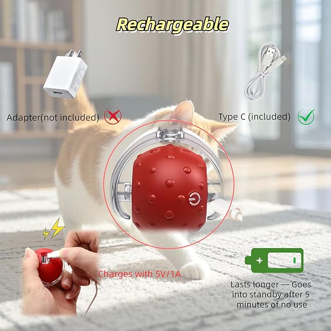 Interactive Cat Toy Ball – Automatic Electric Rolling Ball with Chirping Bird Sounds, Motion-Activated Indoor Toy for Kittens and Cats, Fun Exercise Play (Red)-Mewly Pet