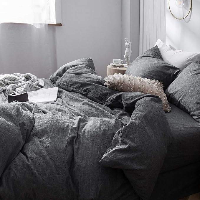 MooMee Bedding Duvet Cover Set 100% Washed Cotton Linen Like Textured Breathable Durable Soft Comfy (Heathered Dark Grey, Super King 108"x98")