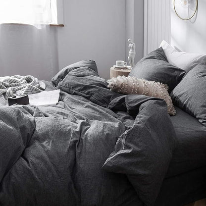 MooMee Bedding Duvet Cover Set 100% Washed Cotton Linen Like Textured Breathable Durable Soft Comfy (Heathered Dark Grey, Super King Plus 120"x120")