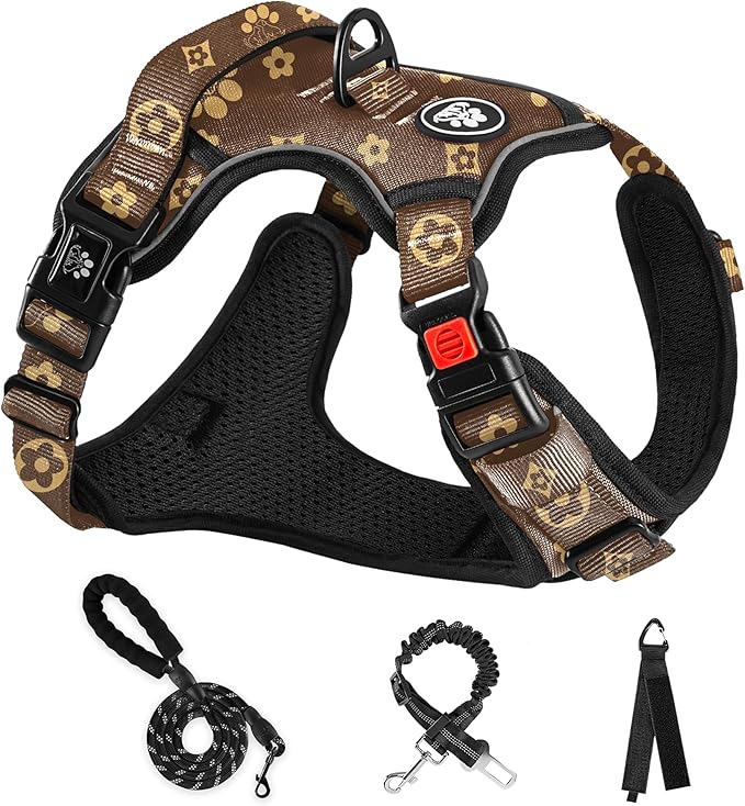 NESTROAD No Pull Dog Harness,Adjustable Oxford Dog Vest Harness with Leash,Reflective No-Choke Pet Harness with Easy Control Soft Handle for Large Dogs(Large,Dark Brown)-Mewly Pet