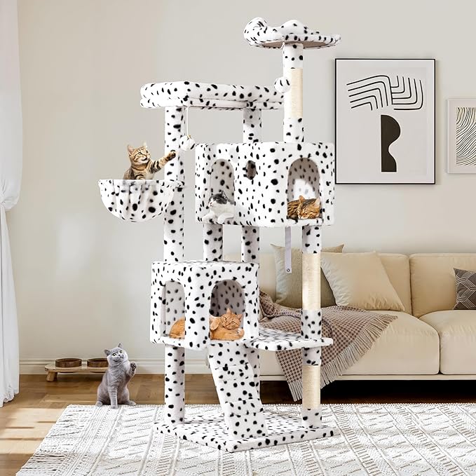 Allewie 64 Inches Cat Tree Tower/Multi-Level Activity Center for Indoor Big Felines/2 Plush Condos/2 Perchs/Basket/House/Sisal Scratching Posts/Hanging Cat Toys/White & Black Spot-Mewly Pet