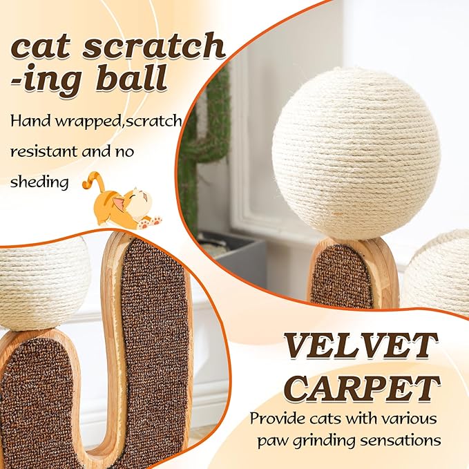 Cactus-Shaped Cat Scratching Post with Cat Scratcher, Interactive Toy Balls, Handmade with Natural Materials, Cute Cat Scratching Post, Easy-to-Clean Cat Furniture-Mewly Pet