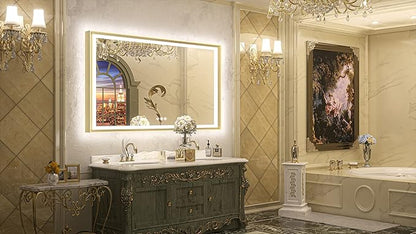 TETOTE Gold LED Bathroom Mirror with Lights 55x36 Front & Back Light Vanity Framed Mirror Baroque Anti Fog Dimmable White/Warm/Natural,CRI90+,Waterproof,Wall Mounted(Horizontal/Vertical)