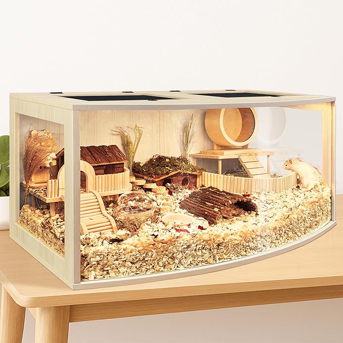 Prolee Hamster Cage Chew Proof Wood, Hamsters Enclosure Openable Top with Curved Design,Waterproof Small Animals Cage with Acrylic Sheets for Gerbils,Hamster Habitat(32 Inches)-Mewly Pet