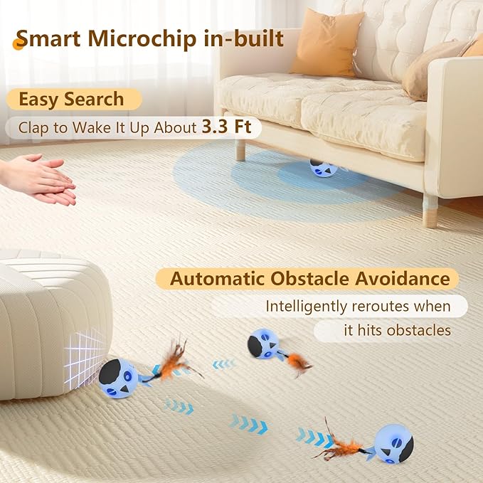 ORSDA Cat Toys, Interactive Cat Toy for Indoor Cats, Automatic Moving Ball Bird for Indoor Adult Cats Kitten Toys All Breeds, Fast Rolling Motion Activated Chirping Stimulating Light, 2 Feather Refill-Mewly Pet