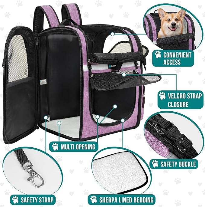PetAmi Dog Backpack Carrier For Small Large Cat, Pet, Puppies, Ventilated Pet Hiking Backpack Travel Bag, Airline Approved Cat Backpack Carrier, Safety Back Support, Camping Biking, Max 18 lbs, Purple-Mewly Pet