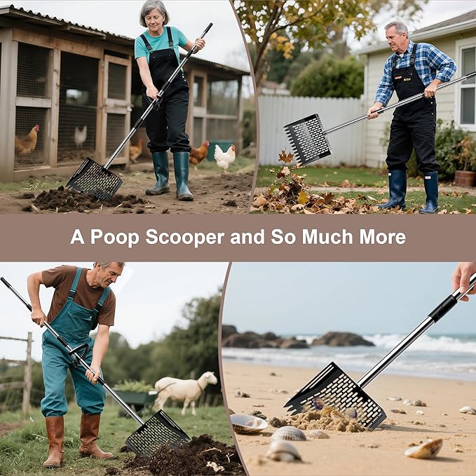 Chicken Poop Scooper - Metal Sifting Shovel & Rake 2-in-1 with Adjustable Stainless Steel Handle (37"-65"), Sand Shovel for Chicken Coops, Farm Animal Waste-Mewly Pet