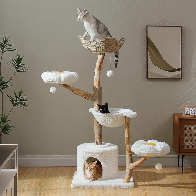 PAWZ Road Cat Tree for Indoor Cats Large Adults, 59 Inches Modern Cat Tower with Large Basket and Hammock, Natural Solid Wood, Luxury Condo & Dual Perches, Modern Cat Furniture for Big Cats, White-Mewly Pet