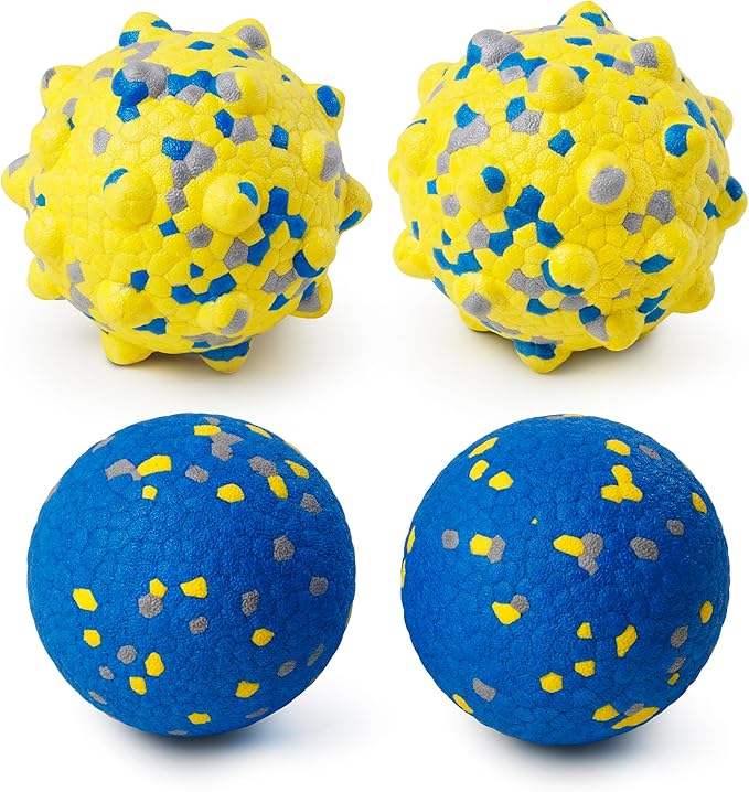 Dog Tennis Balls for Aggressive Chewers, Indestructible Durable Bouncy Interactive Toy for Dogs Fetch Game Lightweight Floating Outdoor Training(2 Yellow Point+ 2 Blue Cirle Medium)-Mewly Pet